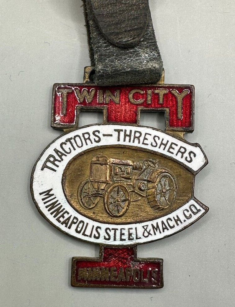 Antique TWIN CITY TRACTOR THRESHER Porcelain WATCH FOB Farm Advertising Enamel