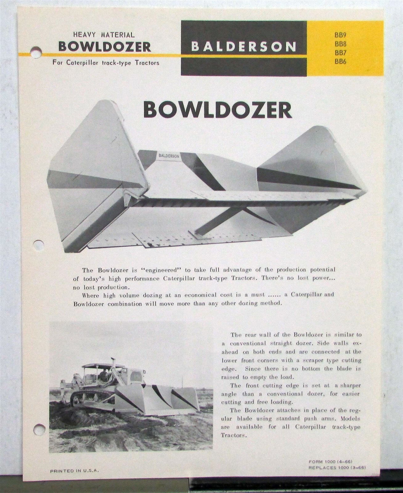 1966 Balderson Bowldozer HM BB 6 7 8 9 Construction Sales Data Sheet