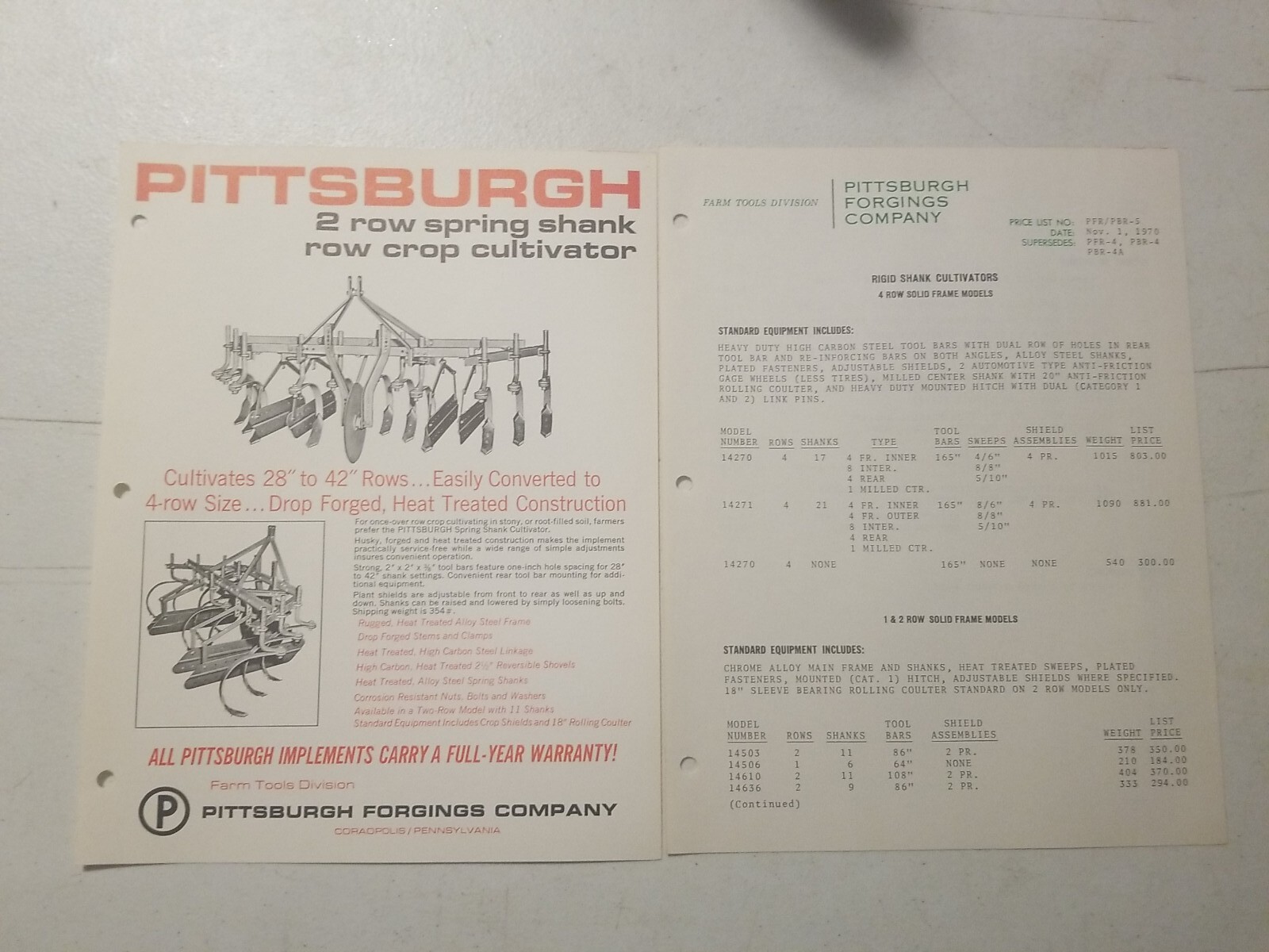 1970 PITTSBURGH FORGINGS CO. 2 ROW SPRING SHANK CULTIVATOR BROCHURE &PRICE LIST