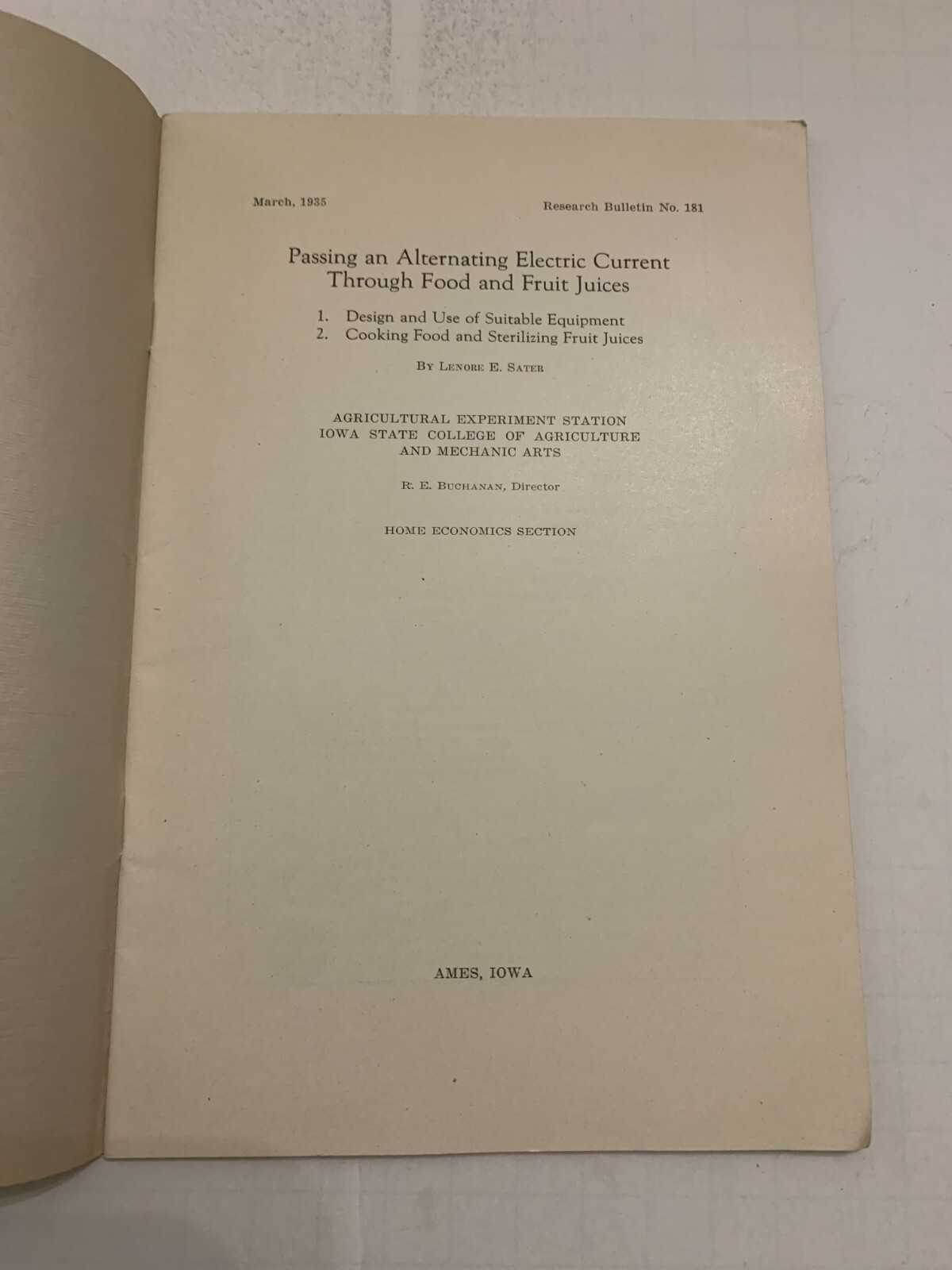 1935 Passing Alternating Electric Current Through Food ISU Agricultural Booklet