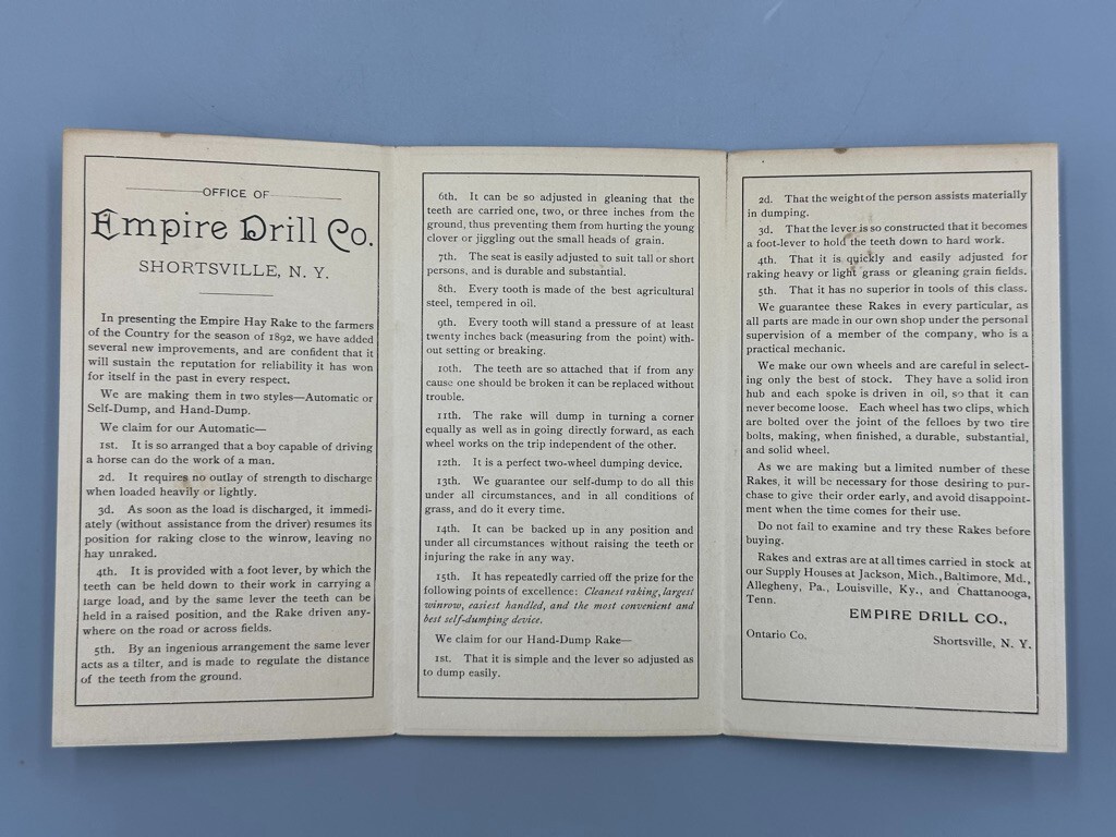 1880s EMPIRE DRILL Hay Rake FARM Advertising Folding Trade Card SHORTSVILLE NY