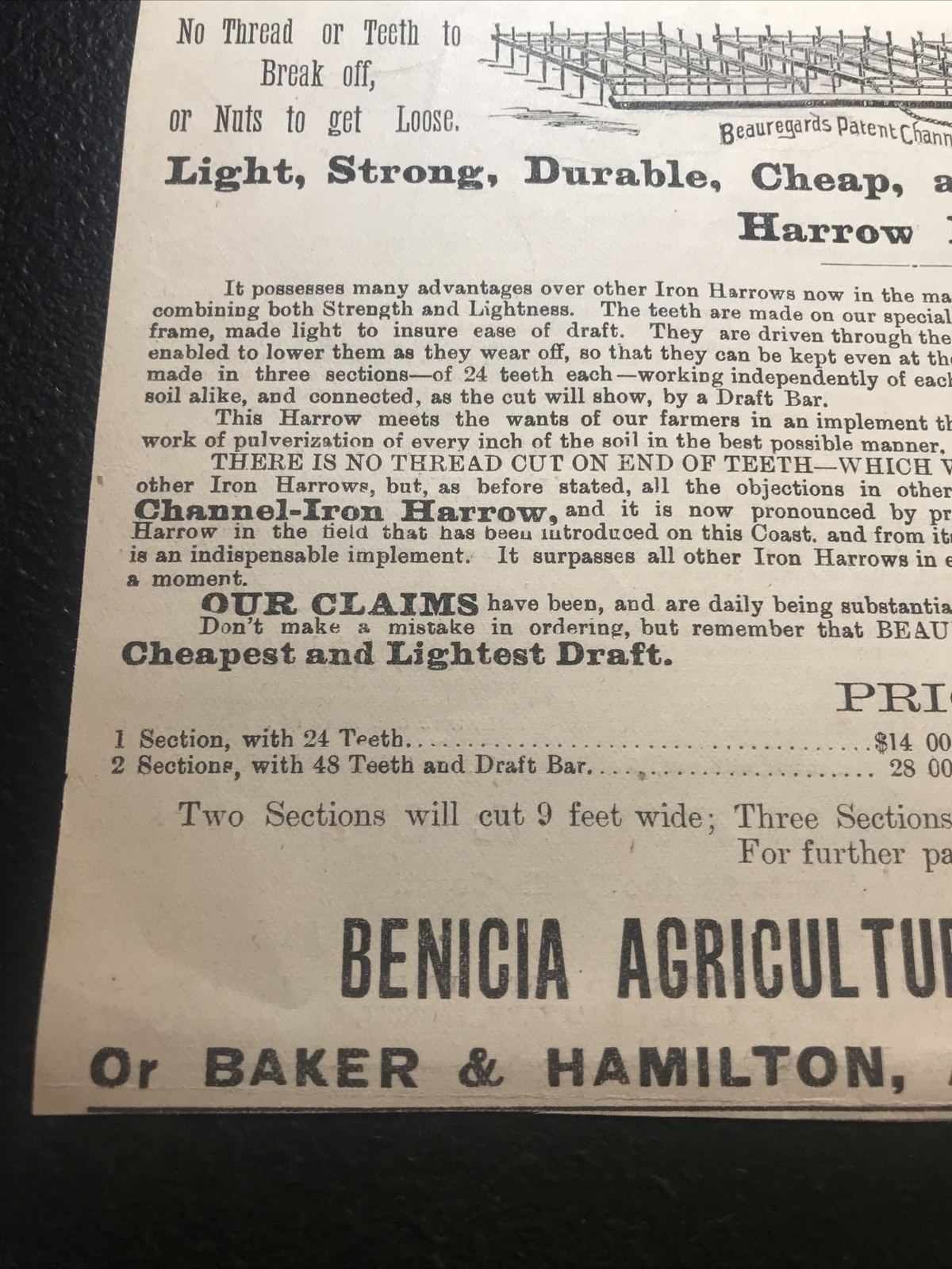 1882 Beauregard Harrow Farm Advertising – San Benicia – California