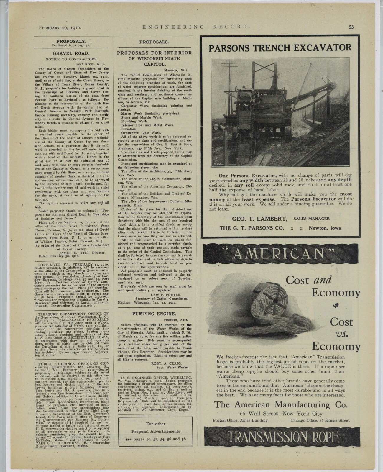 1910 G.T. Parsons CO. Ad: Trench Excavator – 1/2 Cost of Hand Labor – Newton, IA