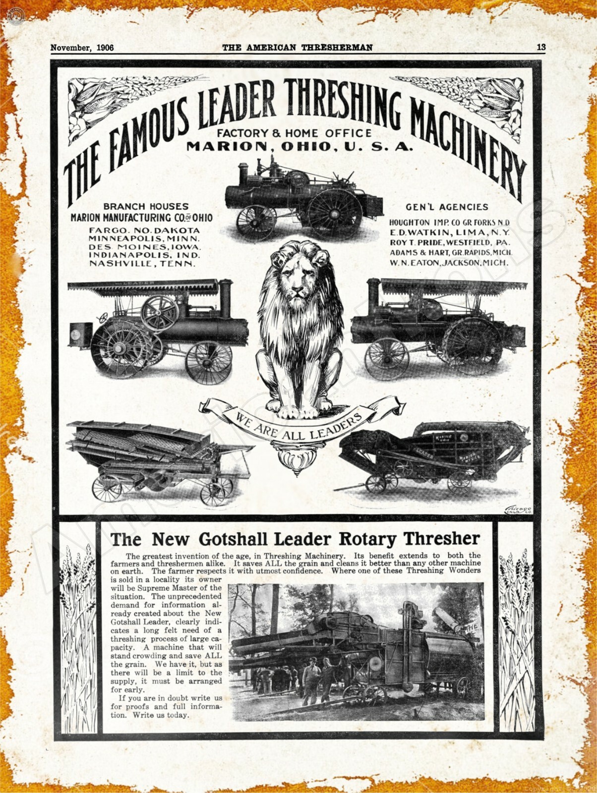1906 Marion Mfg. Co. Leader Threshing Machinery New Metal Sign: Marion, Ohio