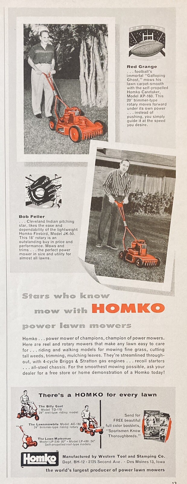 1956 AD(XH8)~WESTERN TOOL & STAMPING CO. DES MOINES, IA. HOMKO POWER LAWN MOWERS