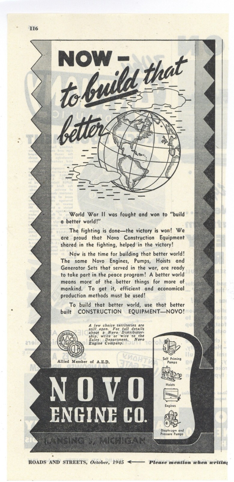 1945 Novo Engine Co. Ad: Construction Equipment for a Better Post WW2 World!