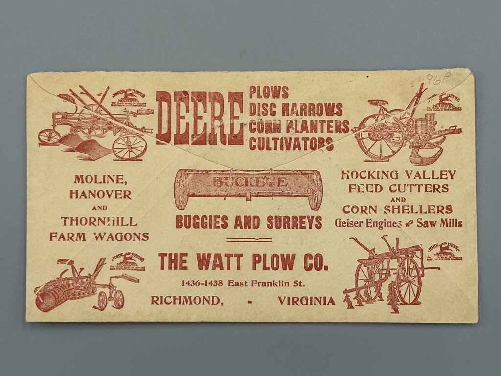 1917 JOHN DEERE Postal Cover HANOVER WAGON Farm Advertise WATT PLOW Richmond VA