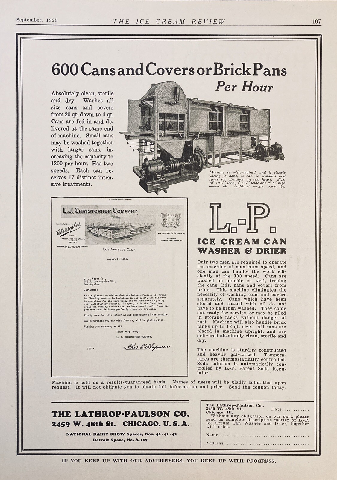 1925 AD.(XF13)~LATHROP-PAULSON CO. CHICAGO. L-P ICE CREAN CAN WASHER & DRIER