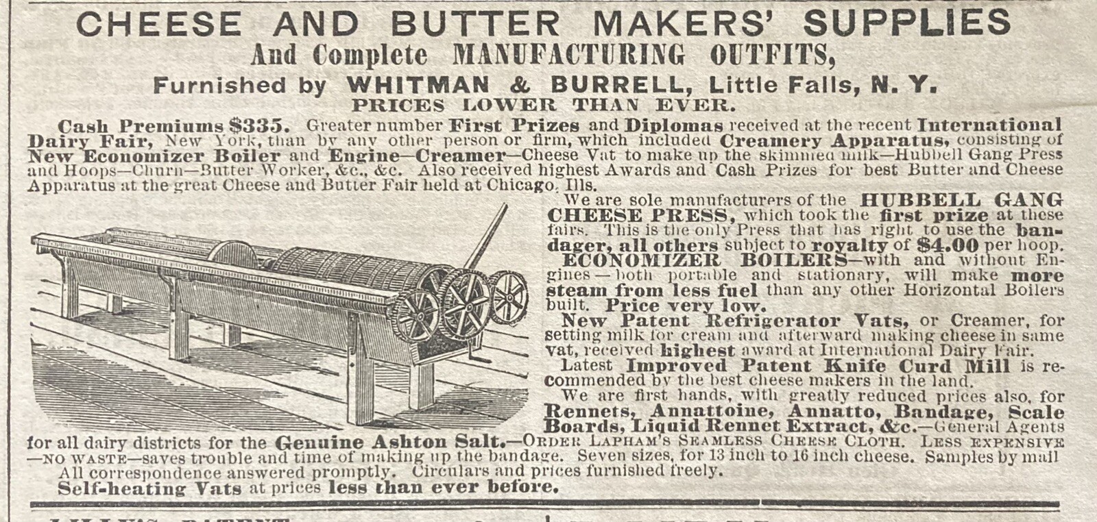 1879 AD.(XH64)~WHITMAN & BURRELL, LITTLE FALLS, NY. CHEESE & BUTTER SUPPLIES