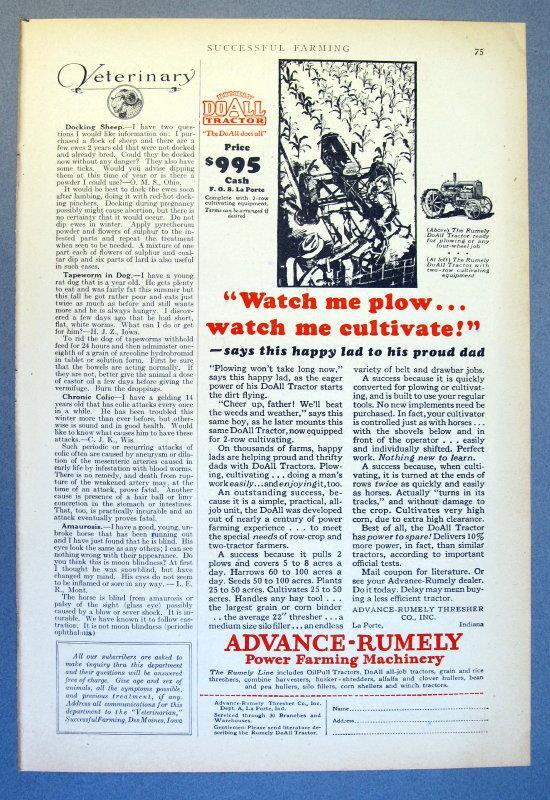 Original 1929 Rumely DOALL Tractor Ad WATCH ME PLOW …. WATCH ME CULTIVATE