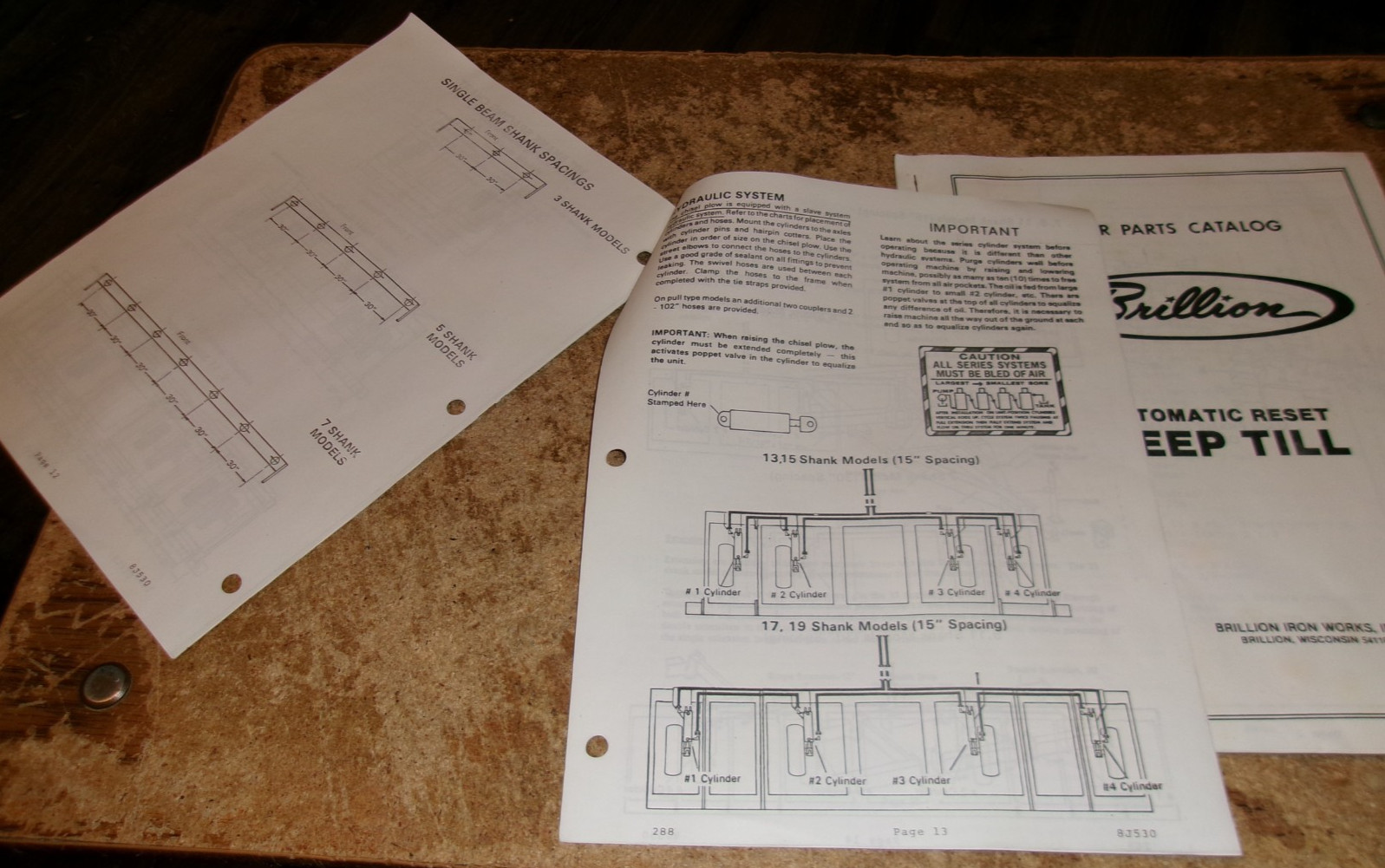 2-lot vintage brillion auto reset deep till ripper operators/parts manuals used