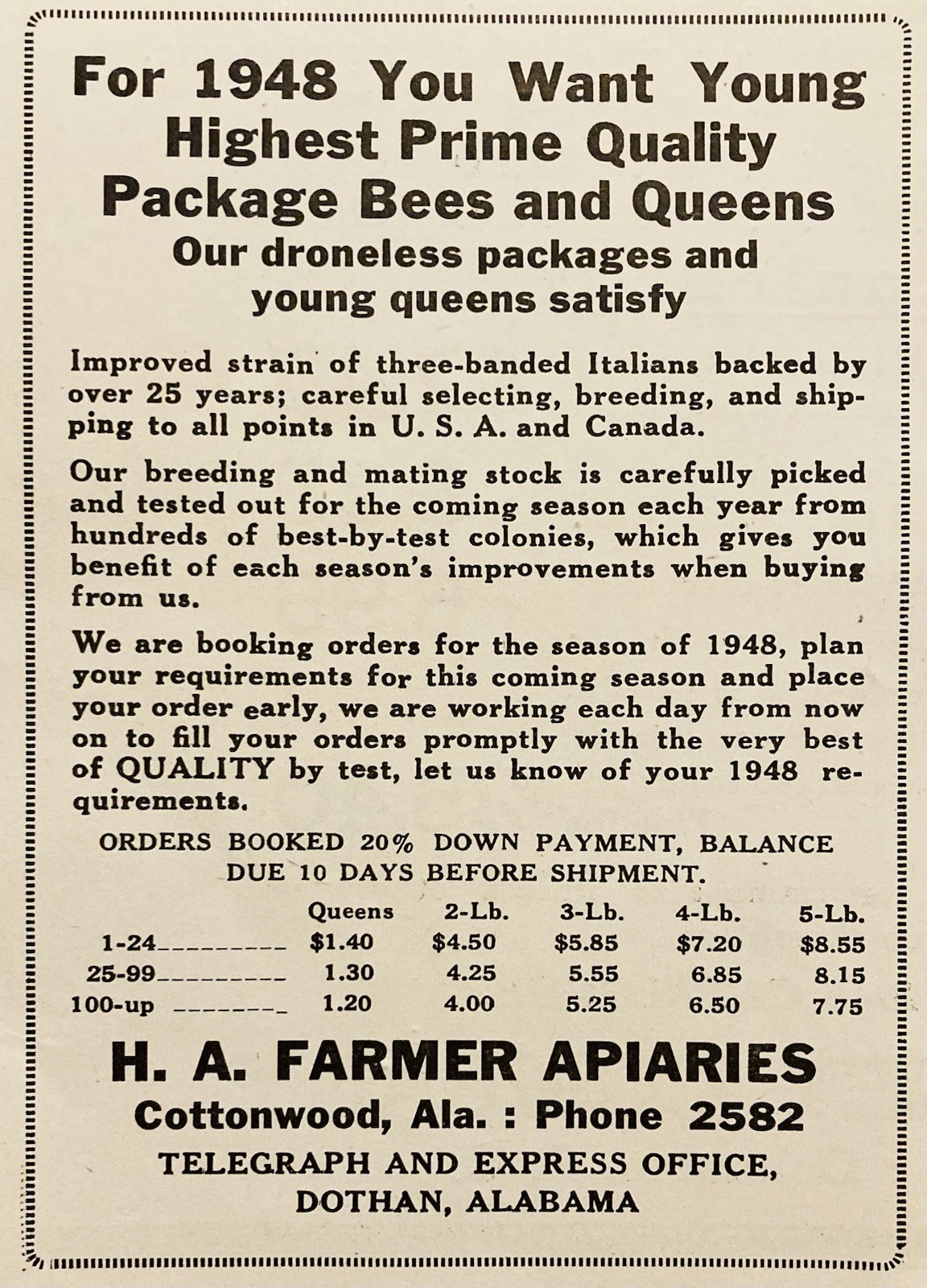 1948 AD.(XH87)~H.A. FARMER APIARIES, COTTONWOOD, ALA. BEES & QUEENS