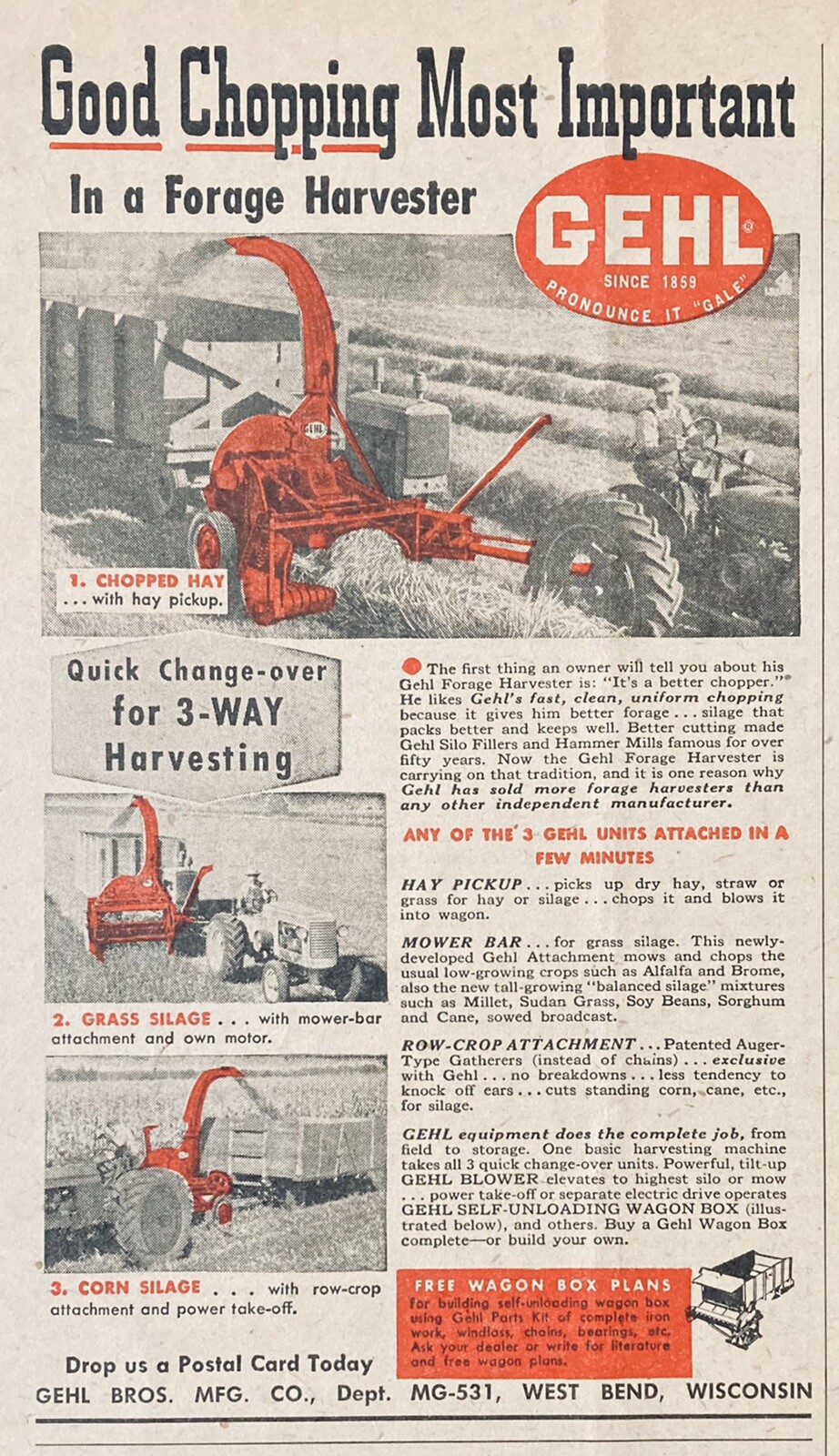 1951 AD(XH44)~GEHL BROS. MFG. CO. WEST BEND, WISC. GEHL FORAGE HARVESTER