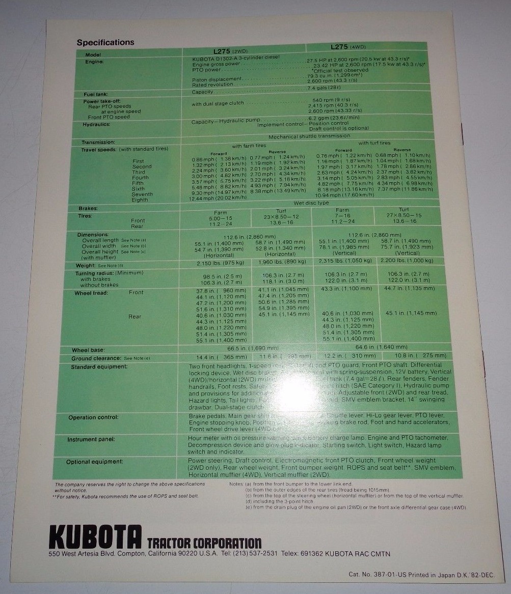 *Kubota L275 2WD and 4WD Diesel Tractor Sales Brochure literature advertising ad