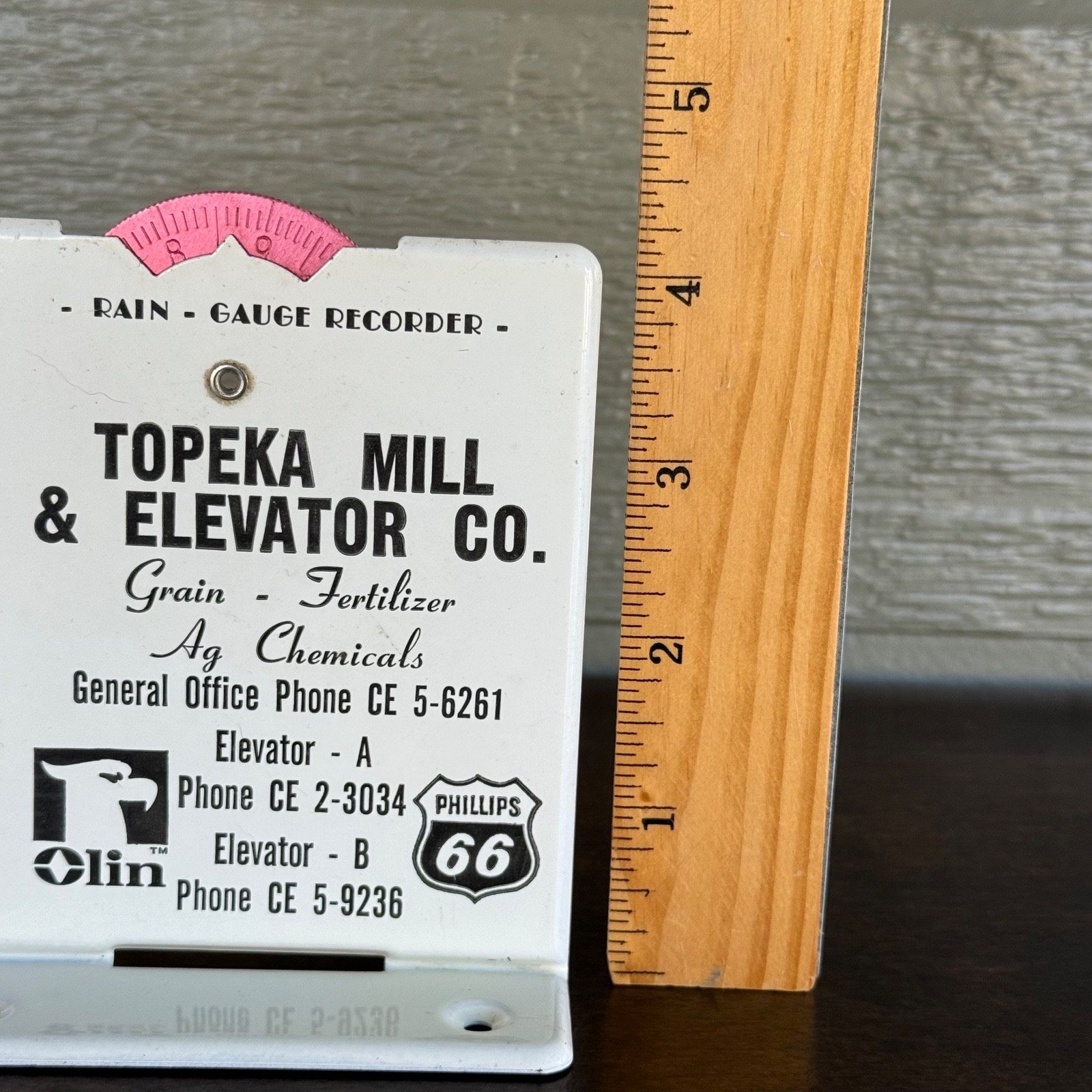 VTG Rain Gauge Topeka Mill & Elevator Co Advertising Olin Phillips 66 Grain KS