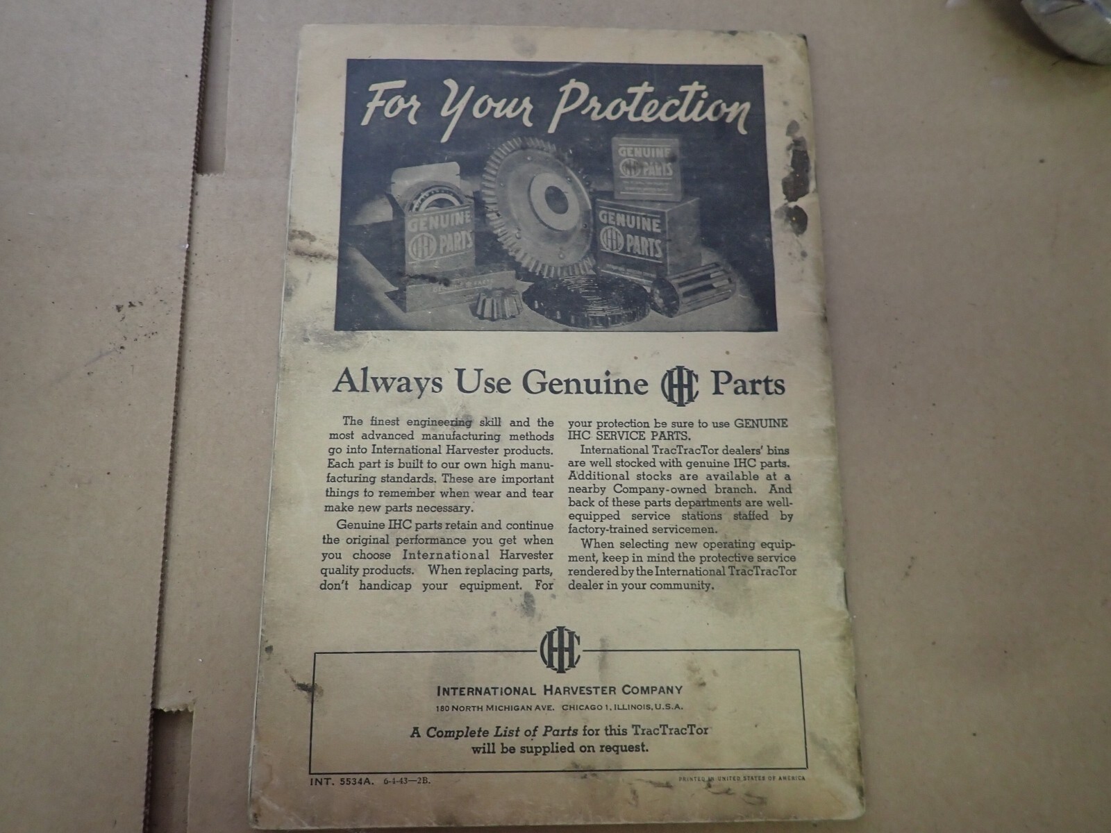 Original 1939 -1949 International Harvester TD 18 Crawler Tractor Owners Manual
