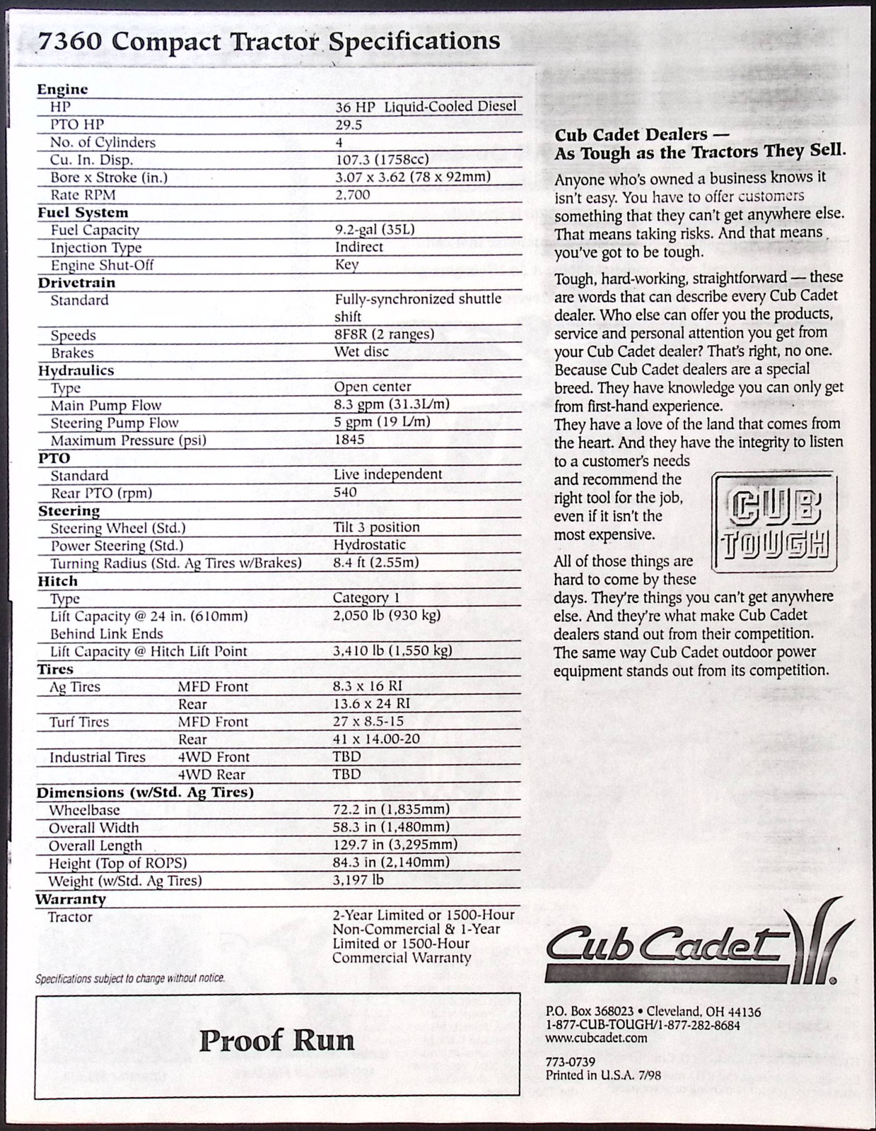 1999 Cub Cadet Dealer sales lot: Dealer Price List, The Big Event price list, Mo