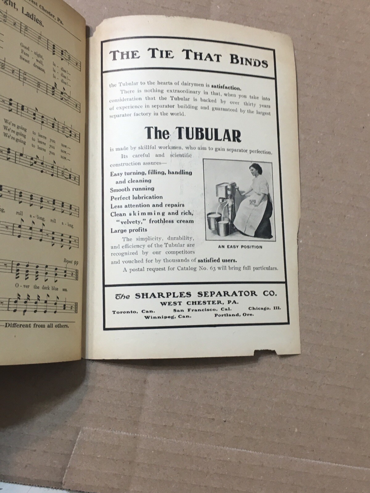 Antique Sharples Separator Co. Old Time Song Book Advertising