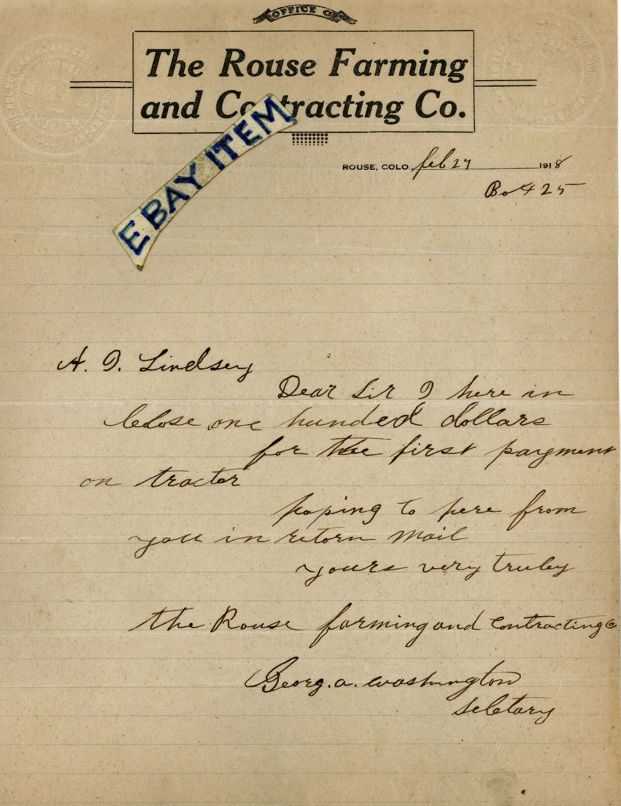 1918 ROUSE COLORADO George A Washington ROUSE FARMING and CONTRACTING letterhead
