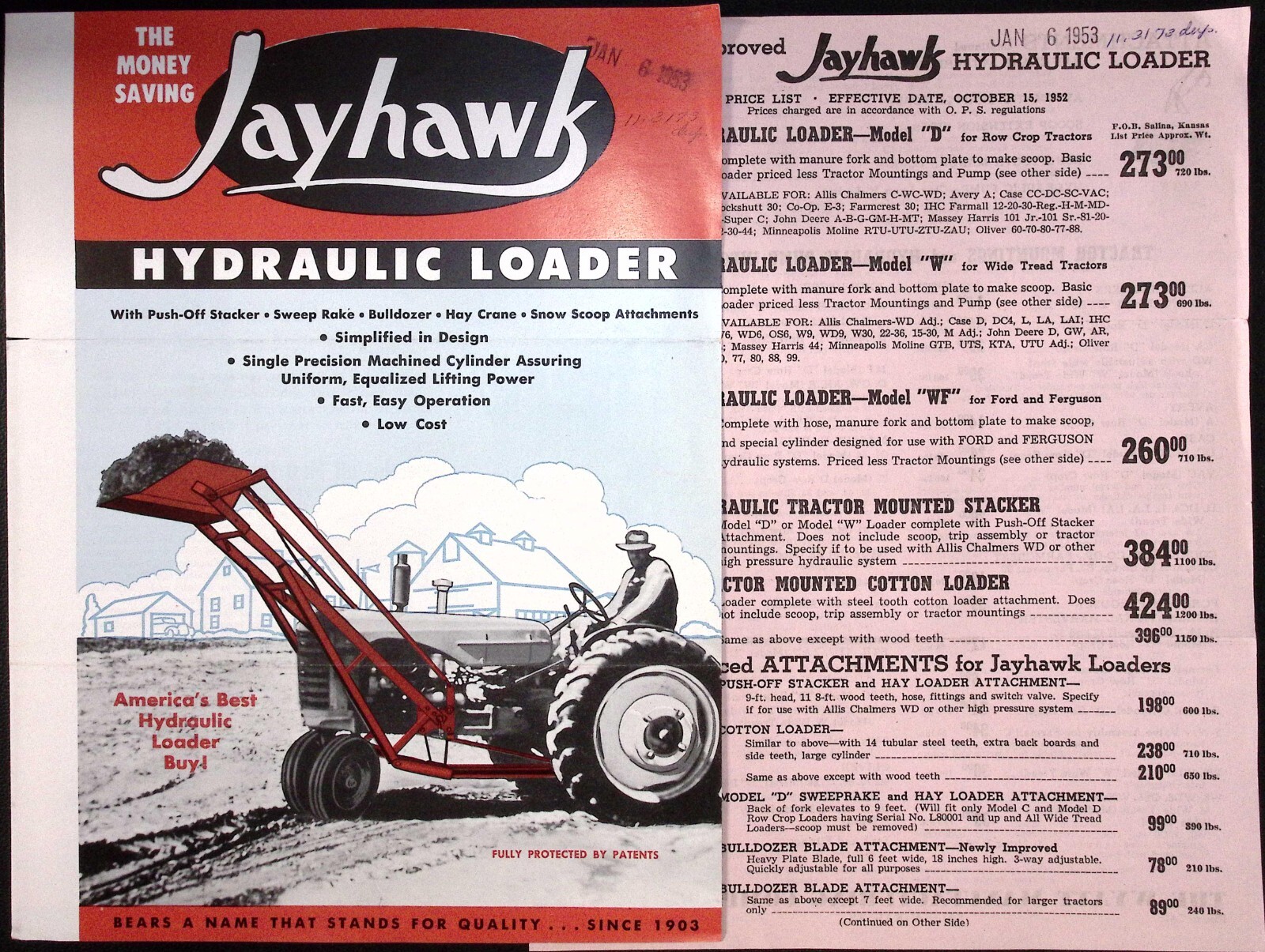 1953 Jayhawk Hydraulic Loader Dealer Brochure Wyatt Manufacturing Salina KS
