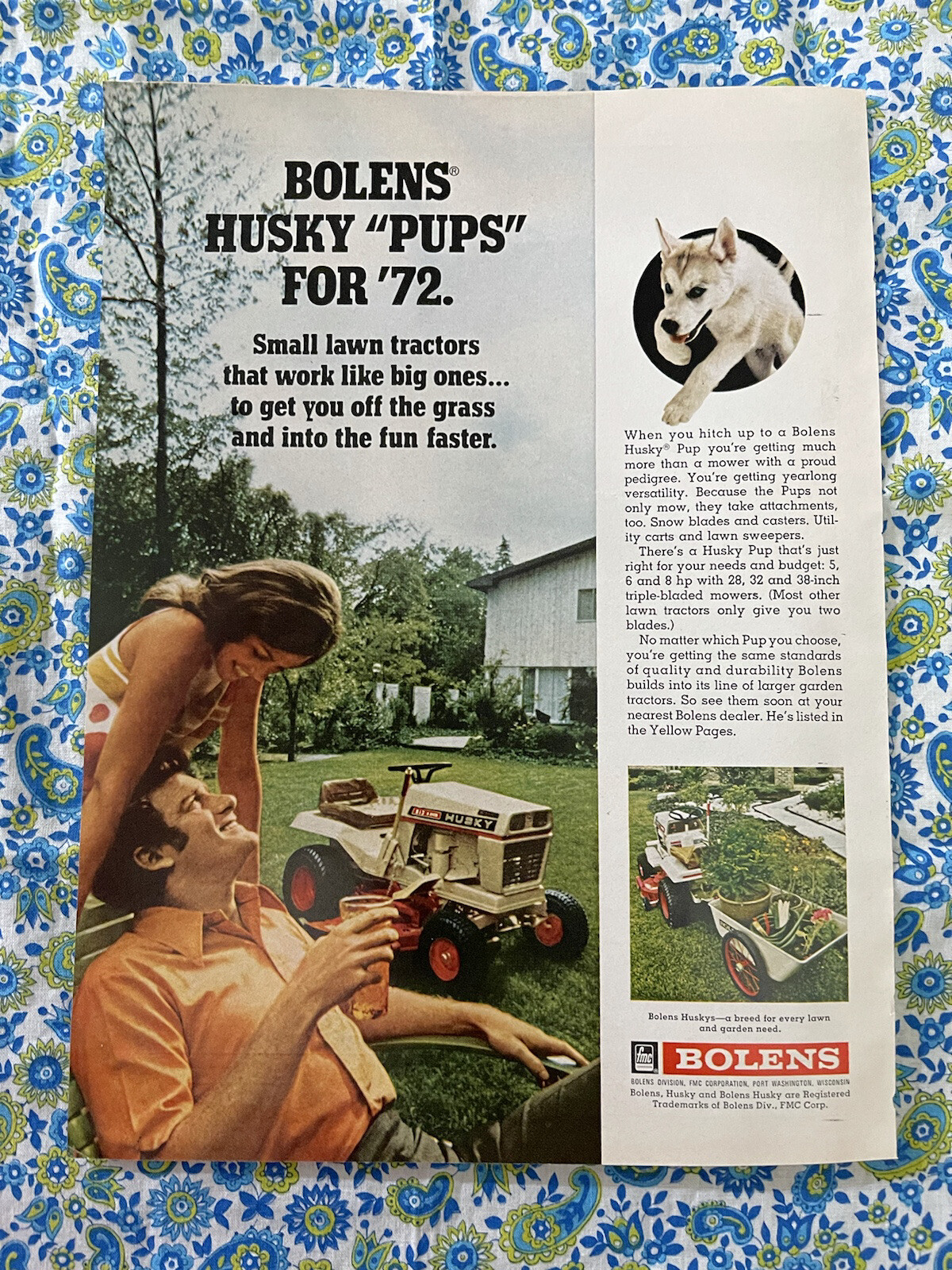 Vintage 1972 Bolens Husky Pups Lawn Garden Tractor Print Ad