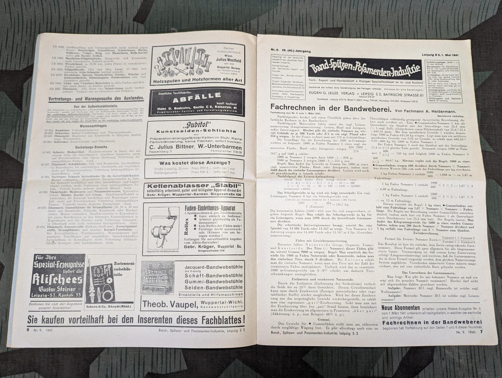 Vintage WWII German May 1941 Machinery Trade Journal Textile Industry Magazine
