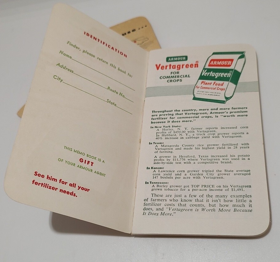 3 VINTAGE 1961/1962 ARMOUR FERTILIZER POCKET NOTE PADS (UNUSED) New Old Stock