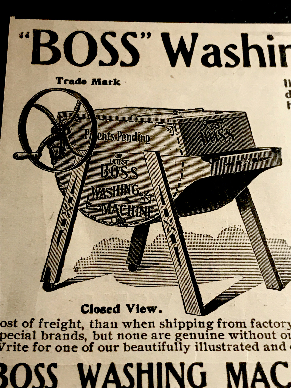 1902 Boss Washing Machine Farm Engraving Advertising – Cincinnati – Ohio