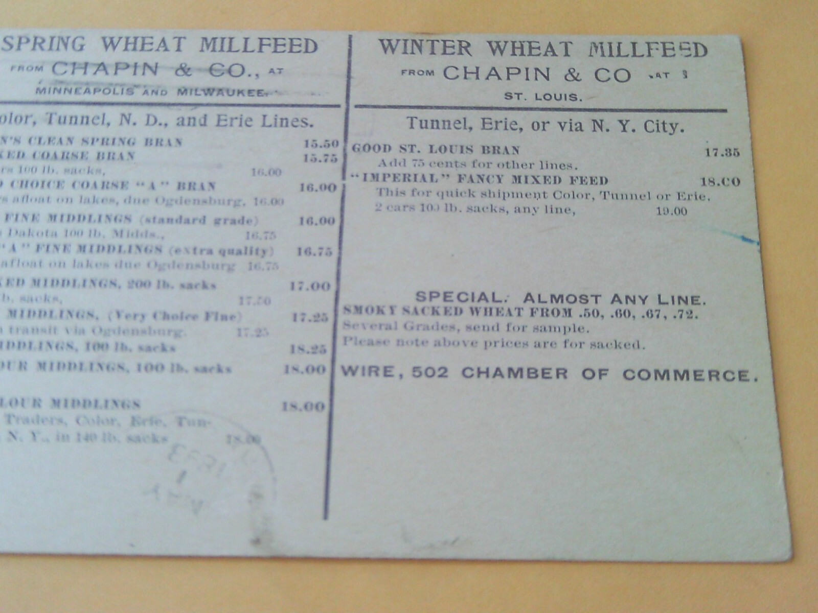 RARE 1893 POSTCARD CHAPIN WHEAT MILL FEED BOSTON MINNEAPOLIS ST LOUIS MILWAUKEE