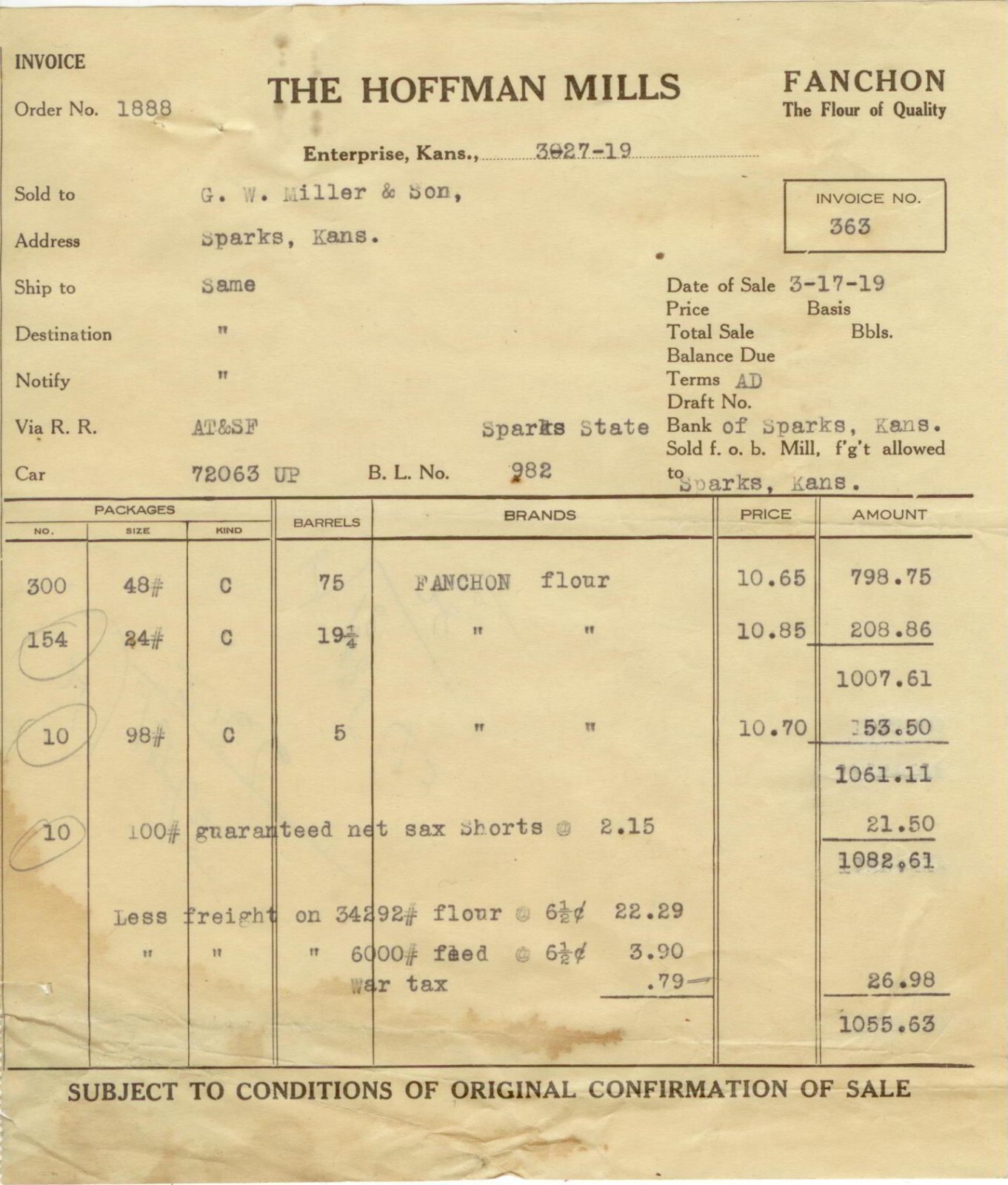 1919 Enterprise Kansas Hoffman Mills letterheads and notices – Fanchon Flour