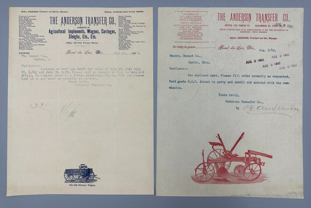 1892 -1896 ANDERSON Transfer Antique FARM Advertise Letter FOND Du LAC Wisconsin