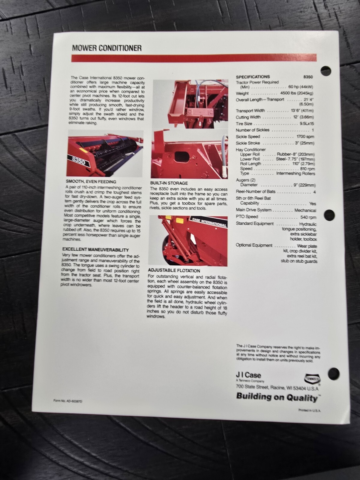 1990s 8350 Mower Conditioners Dealer Spec Sheet Case IH International Harvester
