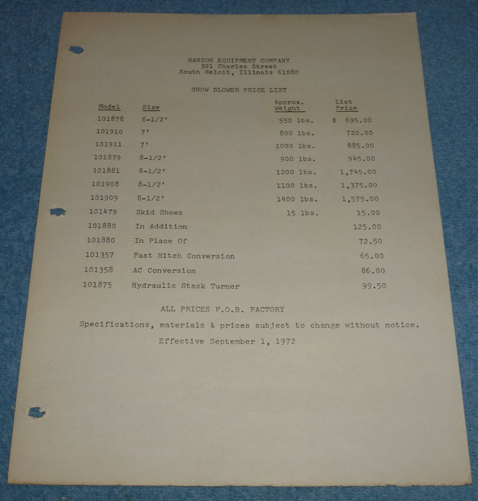 Vintage 1972 Hanson Equipment Company Snow Blower Price List South Beloit IL