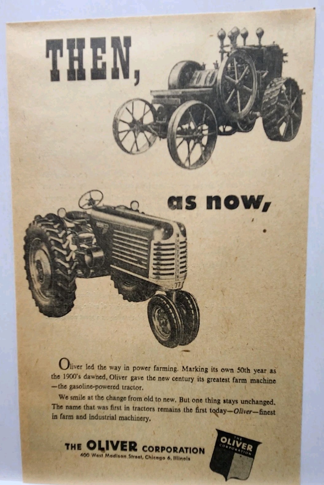 1950 Oliver Co Farm Tractors Madison St Chicago IL Farming Vintage Print Ad 50s