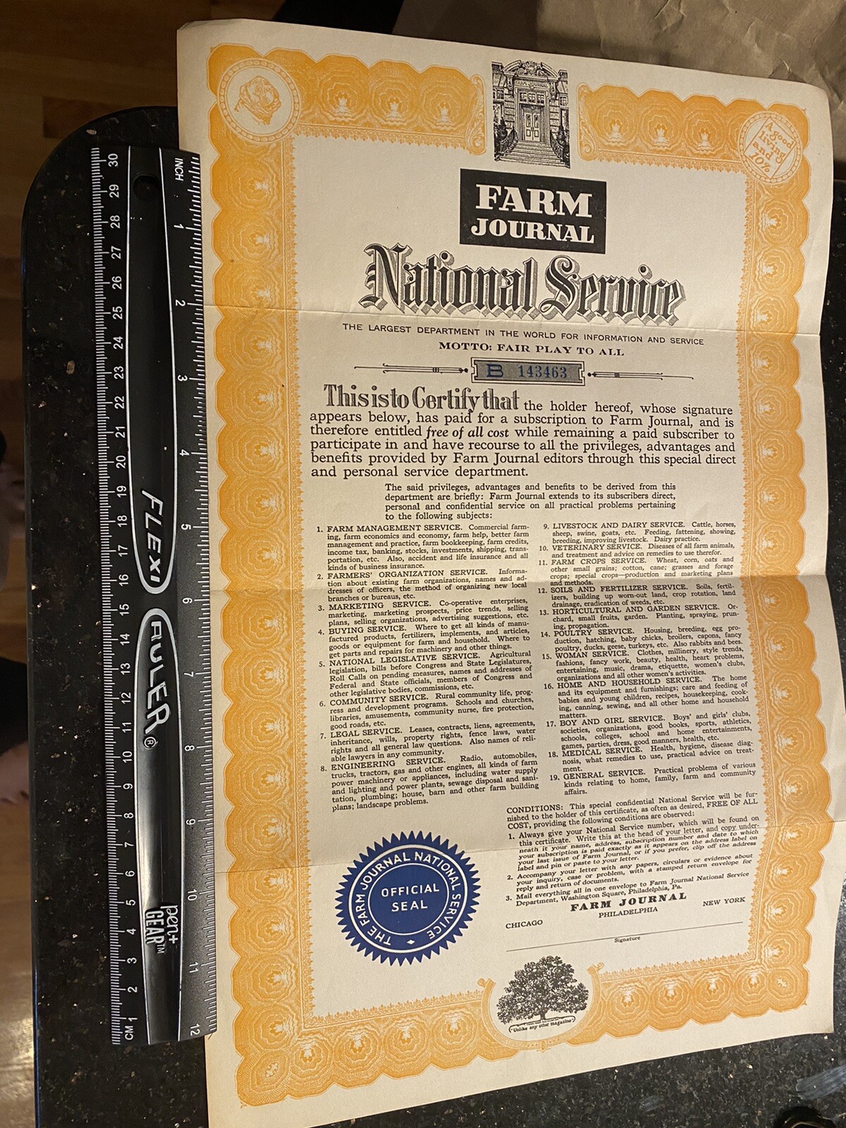 VINTAGE FARM JOURNAL NATIONAL SERVICE DOCUMENT CERTIFICATE OF PRIVILEGE UNUSED
