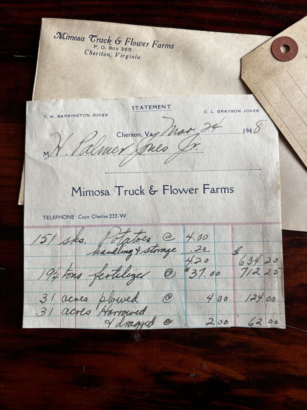 1948 Mimosa Truck & Flower Farms Cheriton VA ESVA Shipping Tag Invoice Envelope