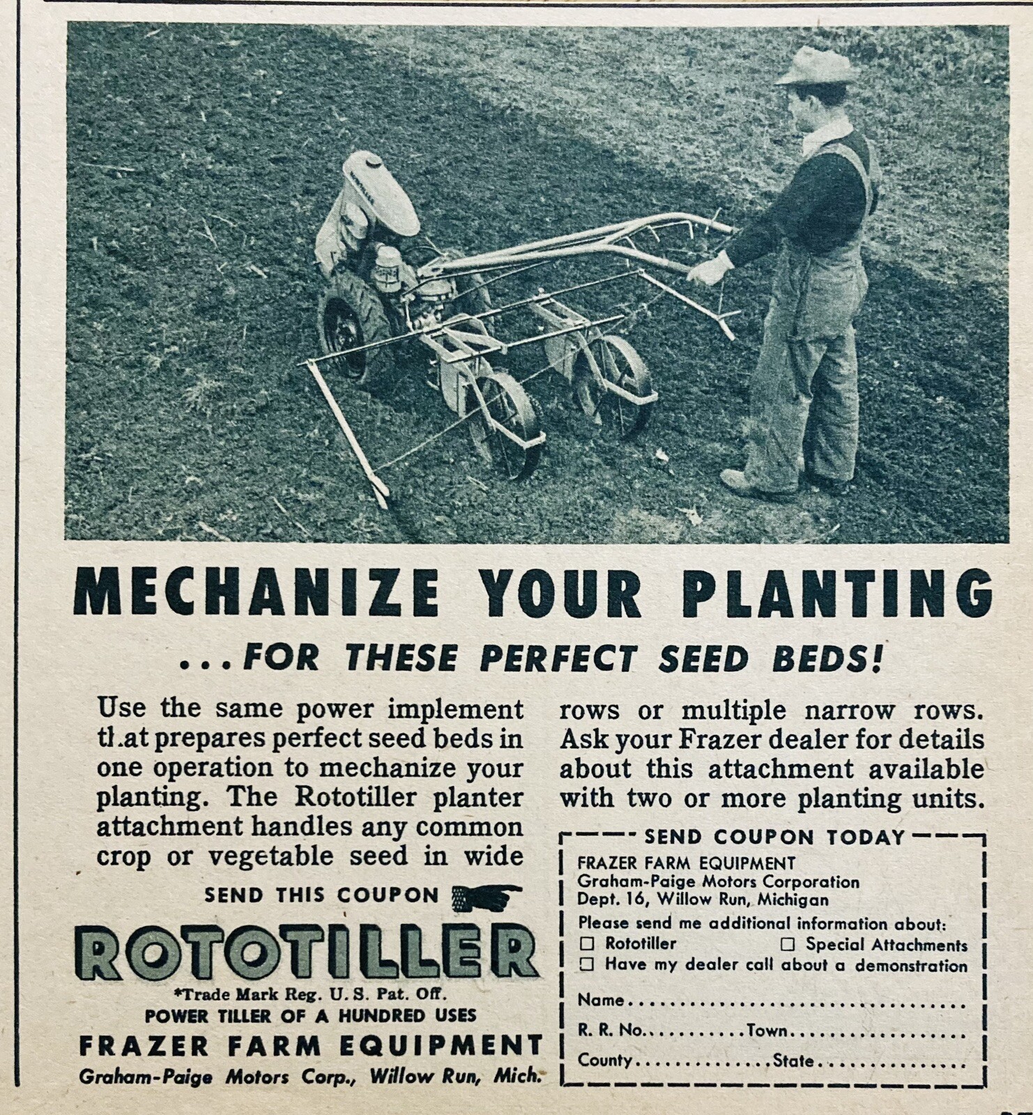 1947 AD.(XF15)~ROTOTILLER PLANTER, FRAZER FARM EQUIPMENT, WILLOW RUN, MI.