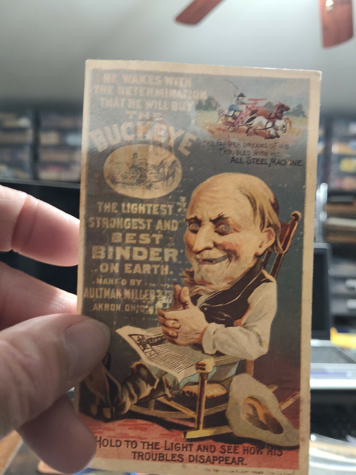 Vntg 1880s Buckeye Farm Machine Tractor Magic Hold To Light Tradecard