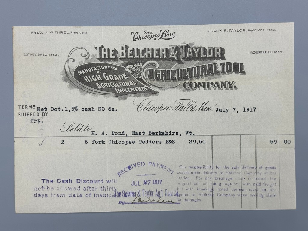 1917 BELCHER & TAYLOR Agricultural Tool FARM Plow Billhead CHICOPEE FALLS MA