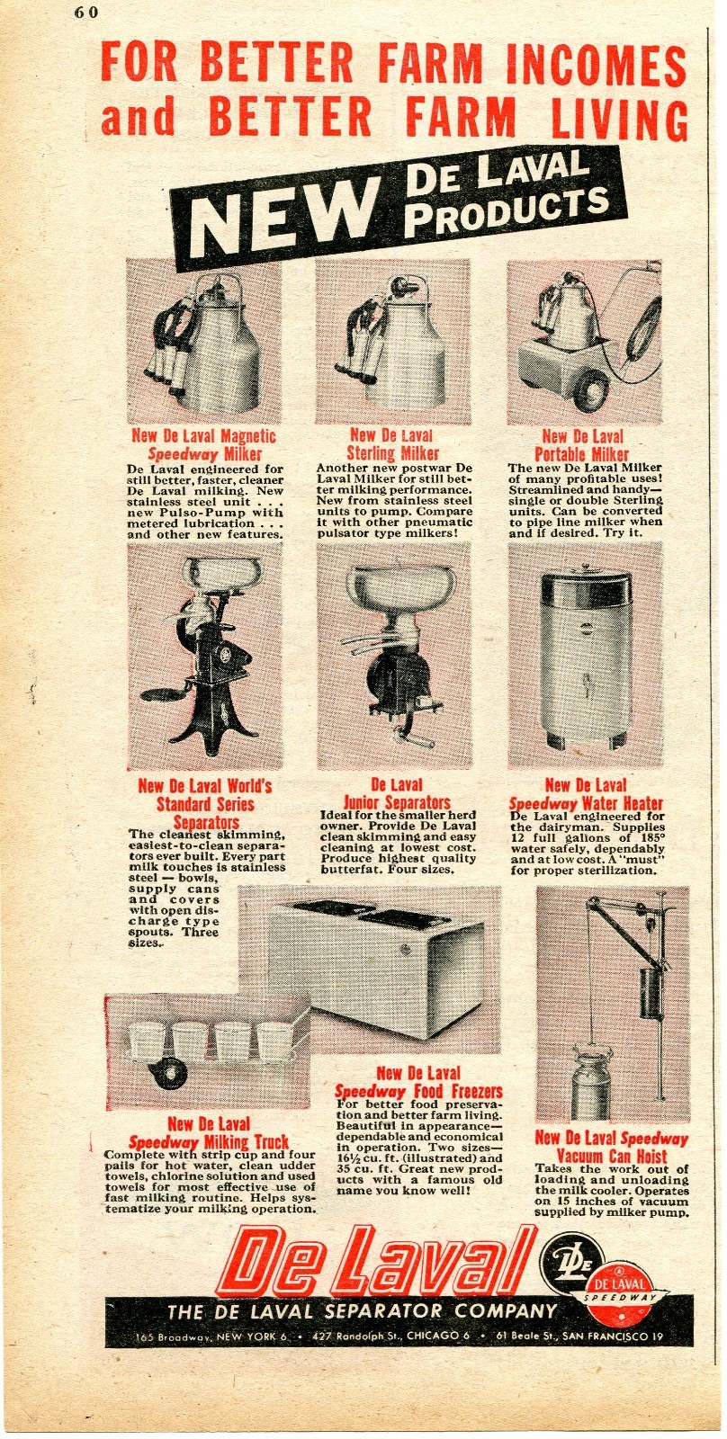 1947 Print Ad of De Laval Separator Co Speedway Milker Heater Separator Freezer