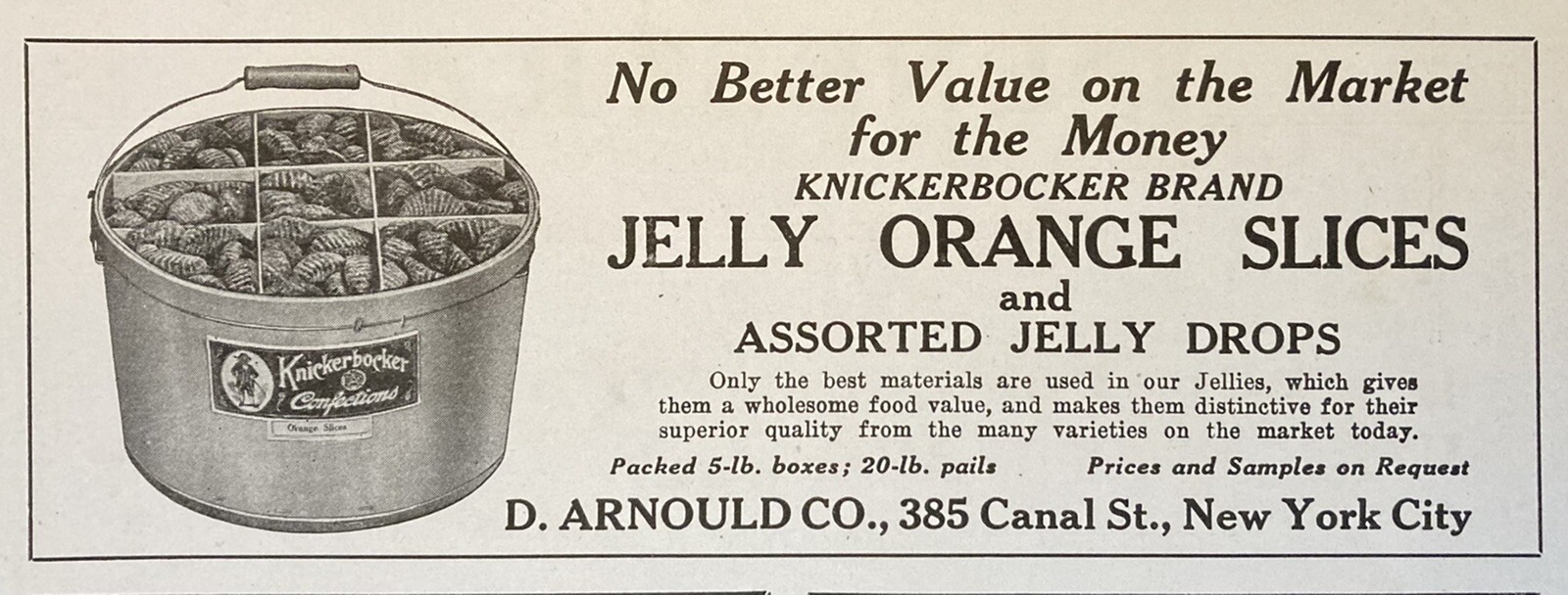 1927 AD.(XG15)~D. ARNOULD CO. NYC. KNICKERBOCKER JELLY ORANGE SLICES