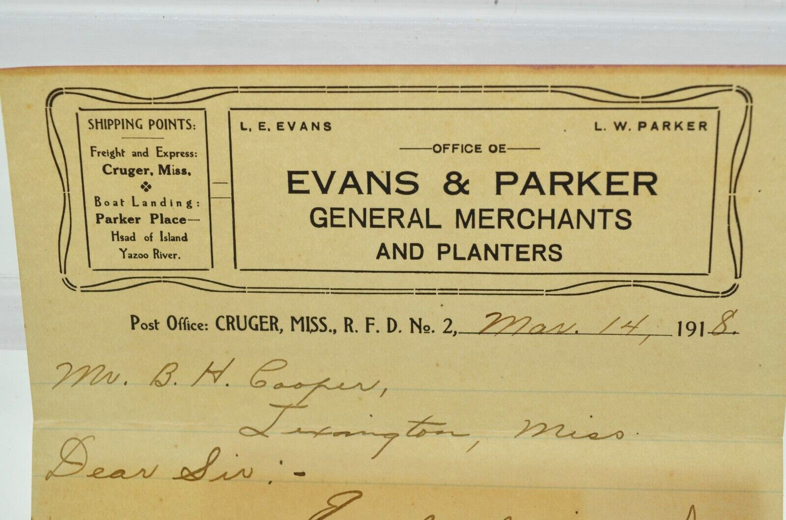 1918 letter Evans & Parker Gen Merchants to Mississippi farmer Mosby Moseby CORN