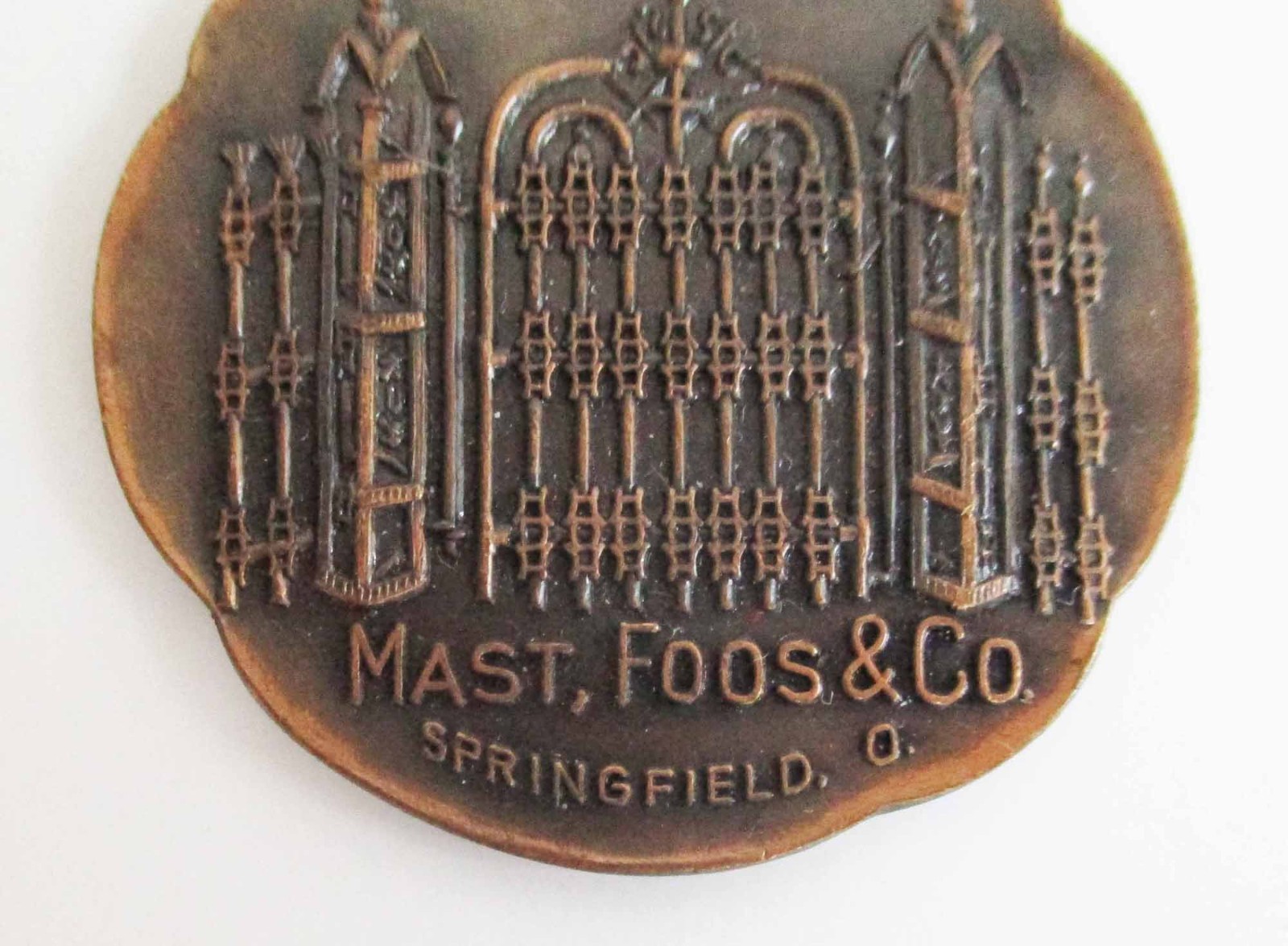 Vintage Advertising Watch Fob Buckeye Iron Fence Mast Foos Springfield, OH 1920s