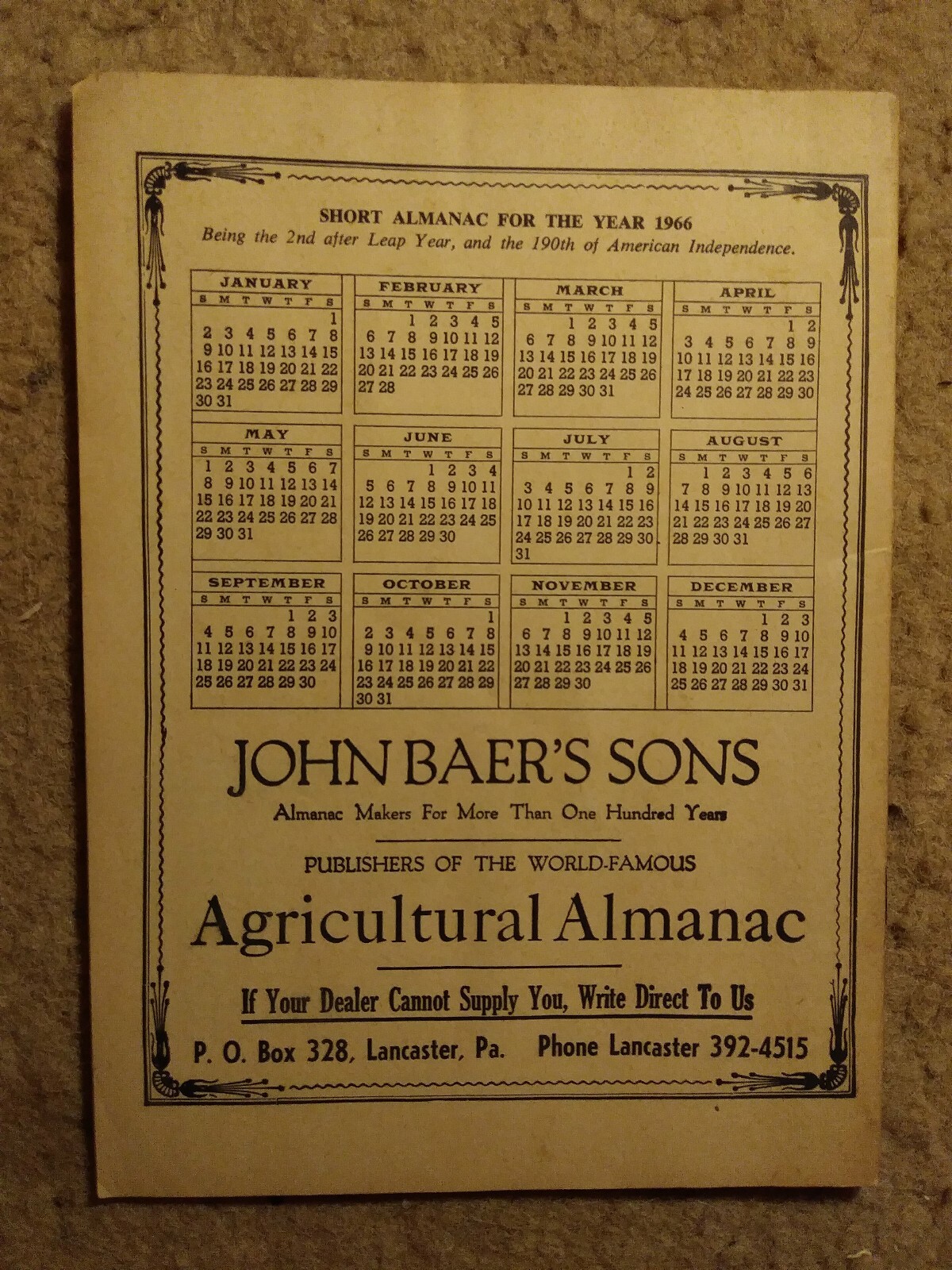 Agricultural Almanac Vol #141 1966 Lancaster PA John Baers Sons
