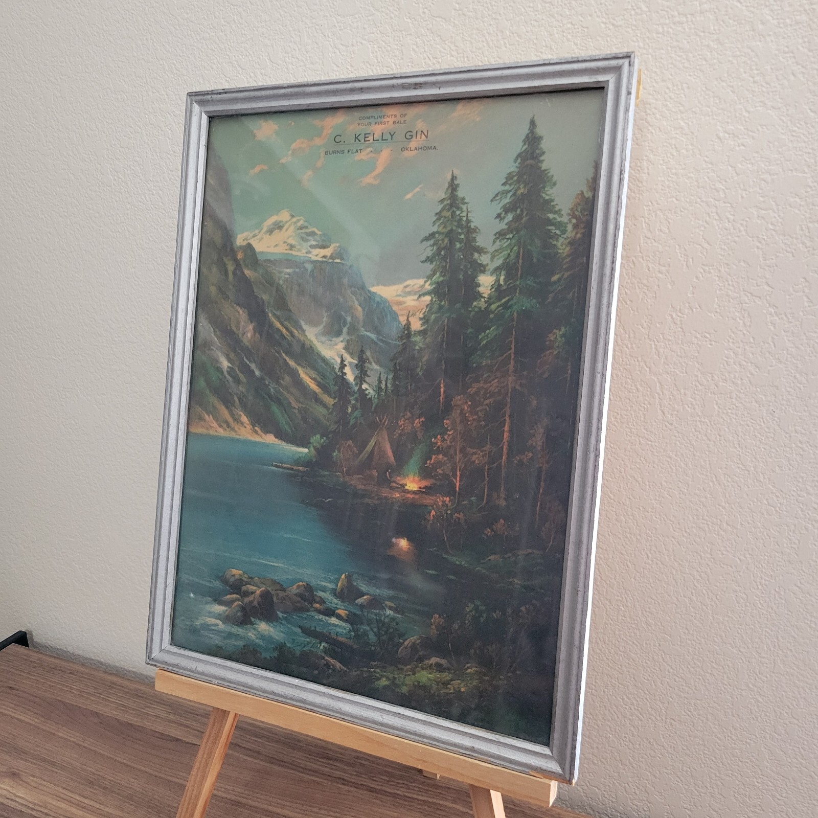 Antique Framed Advertisement C Kelly Gin Burns Flat Oklahoma Litho Wm Thompson