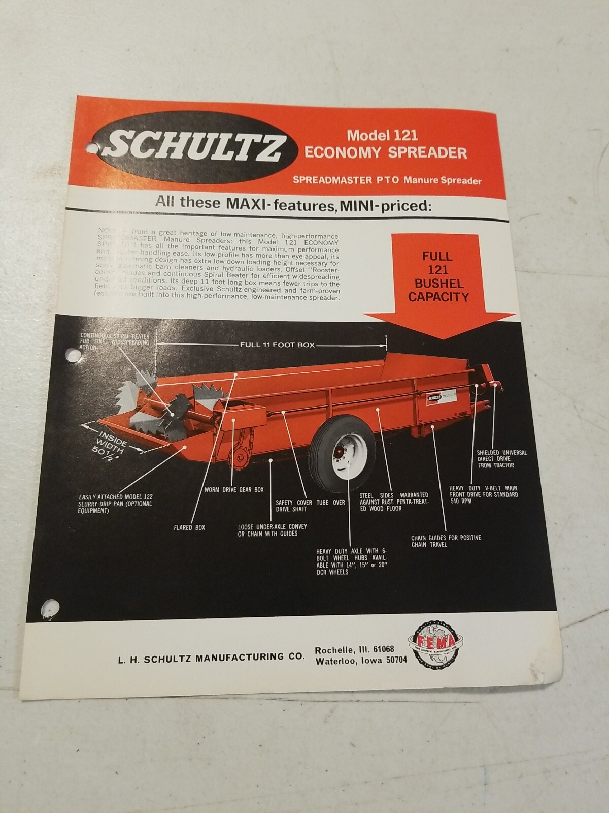 Vintage 1970 L.H. SCHULTZ Mfg Co GENERAL MANURE SPREADER Model 121 Spec Sheet
