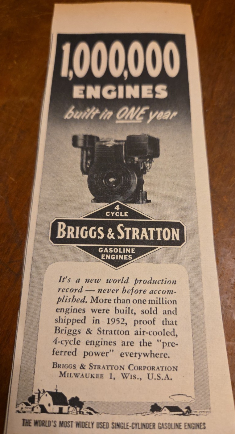 1953 Print Ad Briggs & Stratton 4 Cycle Gasoline Engine 1.000.00 Built 1 Year