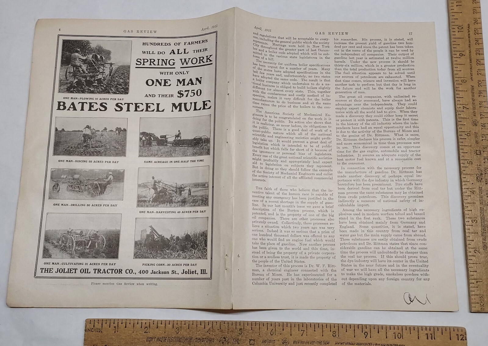 1915 – BATES STEEL MULE – THE JOLIET OIL TRACTOR CO – magazine ad -listing #5822
