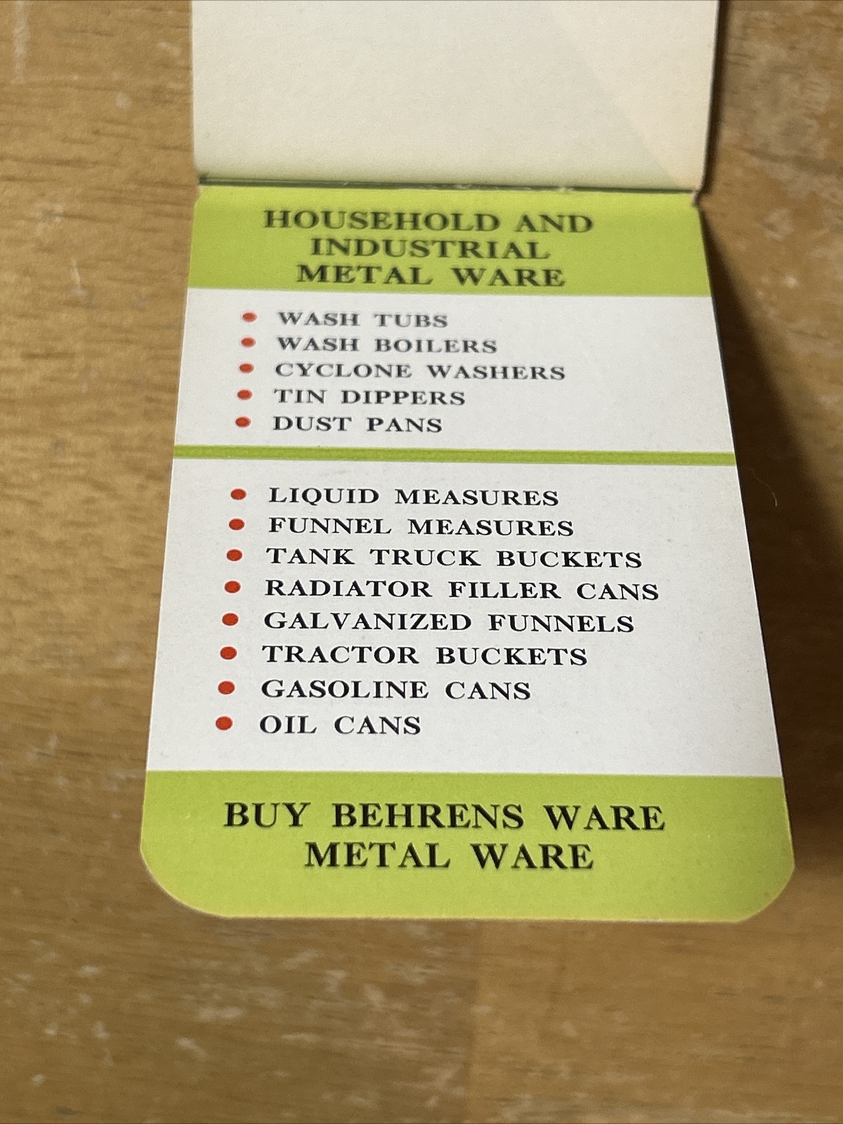 BEHRENS METALWARE Galvanized Steel Advertising Pocket Book Winona Minnesota
