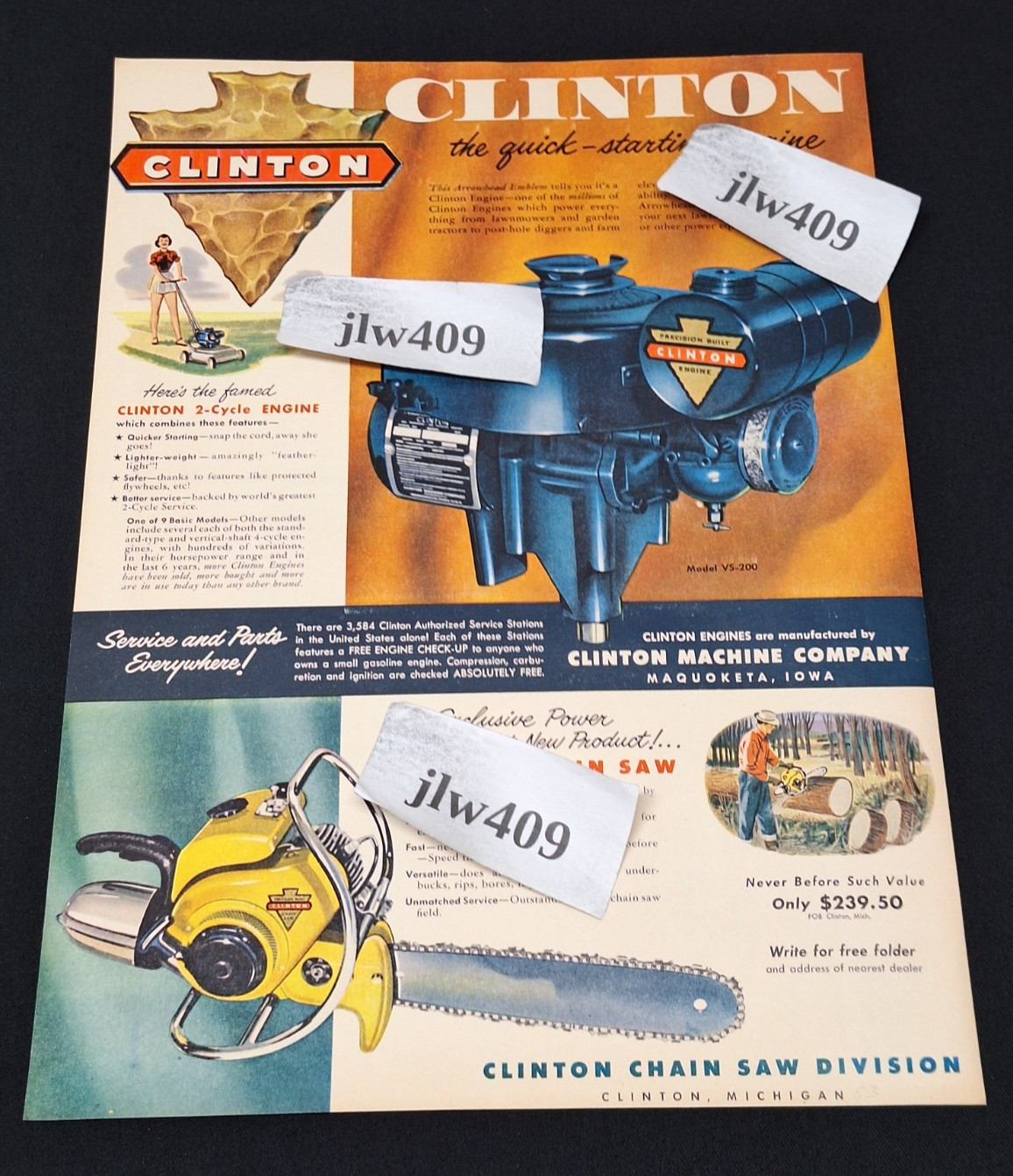 1953 CLINTON ENGINE Ad Print Ad Magazine 10&Prime; x 13.75&Prime; Maquoketa IA Chain Saw